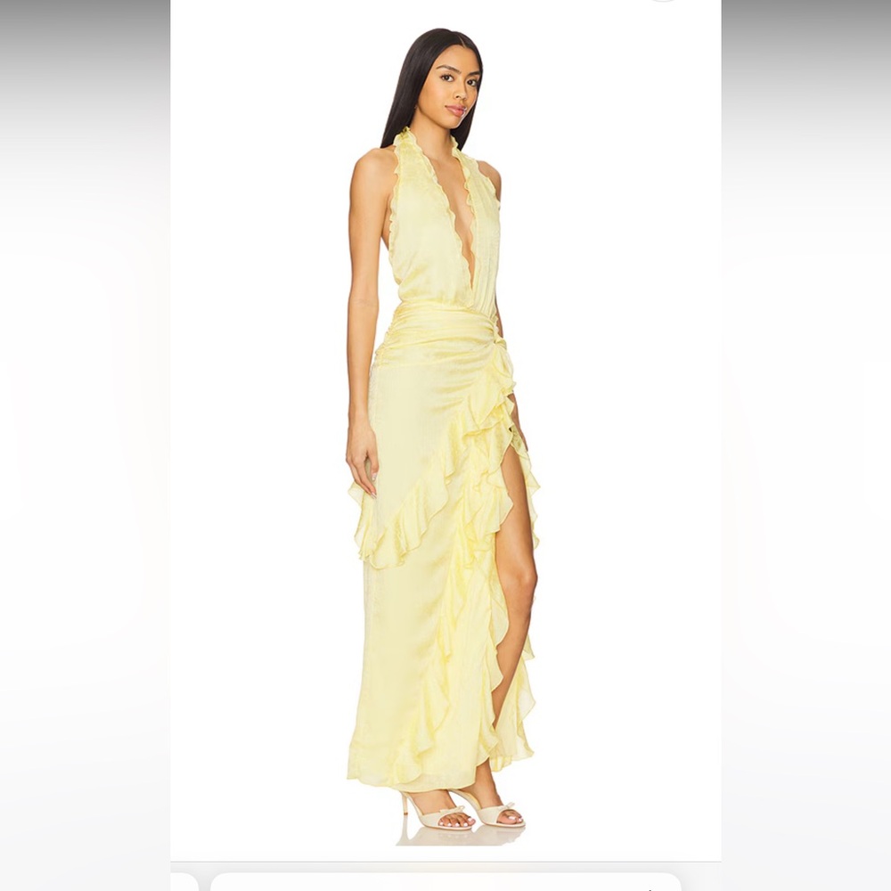 NWOT NBD Celenia Maxi Dress Pale Yellow halter floral with bodysuit slit revolve